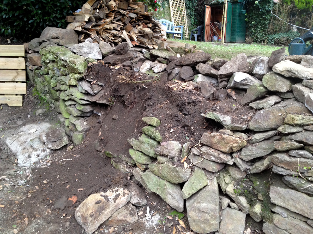 Rénovation d'un mur en pierres : état après retrait du lierre