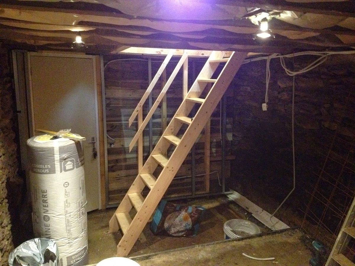 Aménagement d'une ancienne cave : décaissement 25cm, dalle béton, pose escalier de meunier et isolation